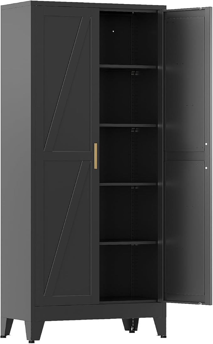 COFaR 71'' Tall Metal Pantry Cabinet, Kitchen Storage Cabinet with Doors and Shelves, Freestanding Farmhouse Food Cupboard for Kitchen Dinning Room Garage, Black 5-Tier