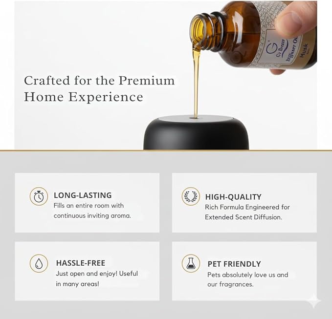 G's Breeze Musk Diffuser Oil – 60ml Soft & Soothing Musk Scent, Long-Lasting Aroma for Nurseries, Bedrooms, & Living Rooms, Easy Refill for Essential Oil Diffuser
