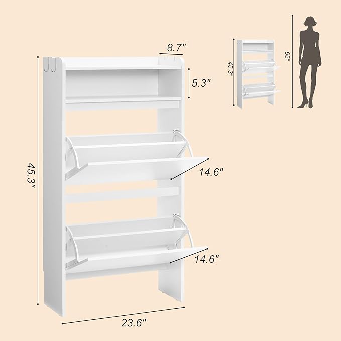 Shoe Cabinet Organizer with 2 Flip Drawers，Freestanding Shoe Rack Cabinet，Narrow Shoe Cabinet Storage for entryway, Foyer, Hallway, White, 23.6" W