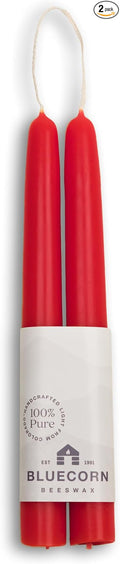 Bluecorn Beeswax Taper Candles, 100% Pure Natural Bees Wax, 8 Inch Pair, Red Candlesticks, Unscented, Clean Burning & Dripless, Long Lasting, Thanksgiving & Christmas Decor, American Made, 1 Count