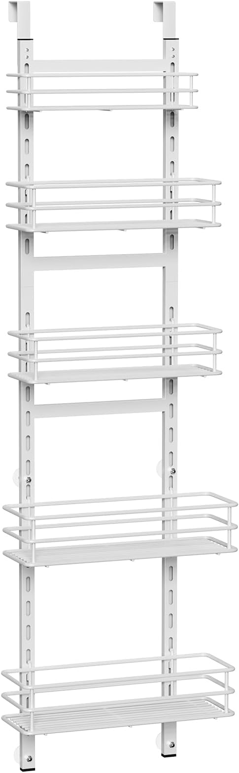 Purdaz Adjustable 5-Tier Over the Door Pantry Organizer, Spice Rack, Narrow Hanging Shelf for Kitchen Storage and Organization (White)