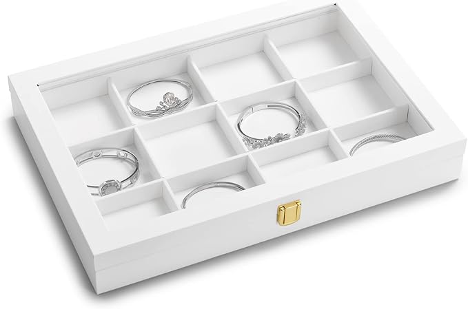 Oirlv White 12 Gird Jewelry Organizer Tray with Acrylic Lid Premium Leather Jewelry Box with Transparent Lid Bracelet Bangle Watch Display Case
