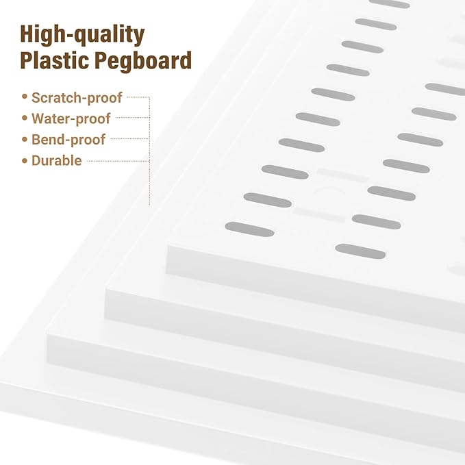 AKTOP Peg Board Wall Organizer 4-Pack – 12"x12" Plastic Pegboard Panels for Walls, White Desk Wall Mount Peg Board for Home, Office, Garage Tool Storage & Craft Room