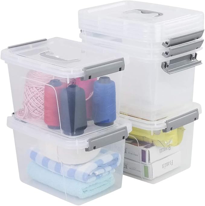 Farmoon 6 Quart Clear Storage Bin, Plastic Stackable Box/Container with Lid and Grey Handle, 6 Packs, R