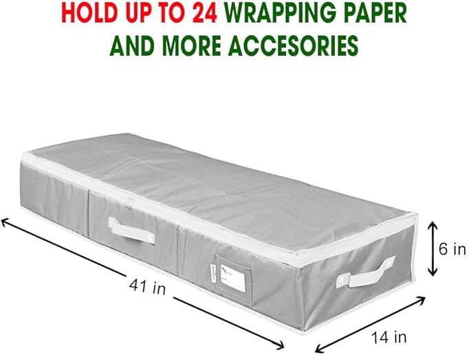 Primode Wrapping Paper Storage Container | Gift Wrap Organizer Under Bed 41”x14”x6” Box Holder for 18-24 Rolls Up to 40” | 600D Oxford Material | Pockets for Ribbon Bows (Grey)