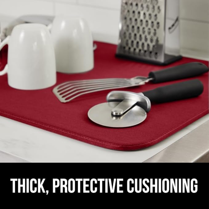 GORILLA GRIP Ultra Water Absorbent Microfiber Dish Drying Mat 2 Pack, Quick Dry Thick Mesh, Slip Resistant Pad for Sink Dishes or Under Rack, Kitchen Counter Accessories, Machine Wash, 18x16 Inch, Red