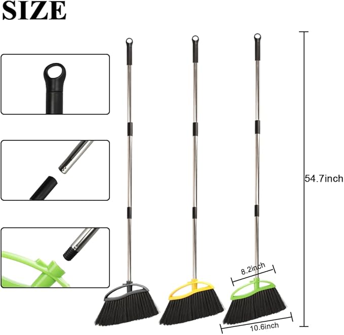 3 Pack Soft Bristle Angle Broom for Floors - Wide Indoor Heavy Duty Broom with 38"-53.5" Adjustable Handle, Kitchen & Restaurant Use for Hardwood, Porch (Gray, Yellow, Green)