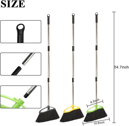 3 Pack Soft Bristle Angle Broom for Floors - Wide Indoor Heavy Duty Broom with 38"-53.5" Adjustable Handle, Kitchen & Restaurant Use for Hardwood, Porch (Gray, Yellow, Green)