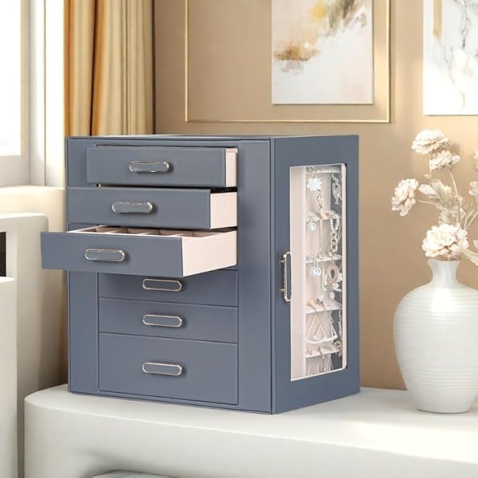 Jewelry Boxes for Women, 6 Layer Jewelry Organizer with Glass Lids, Jewelry Holder Organizer with 5 Drawers and 2 Glass Doors for Jewelry Storage, Big Jewelry Box for Womens Gift (Grey)