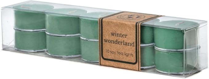 ECO CANDLE CO. Tea Light Candles, Winter Wonderland, 10-Pack - Scents of Pine, Spruce, & Fir - Recyclable, 100% Soy Wax, No Lead, Hand Poured, Made from Midwest Grown Soybeans, 6 oz. Each