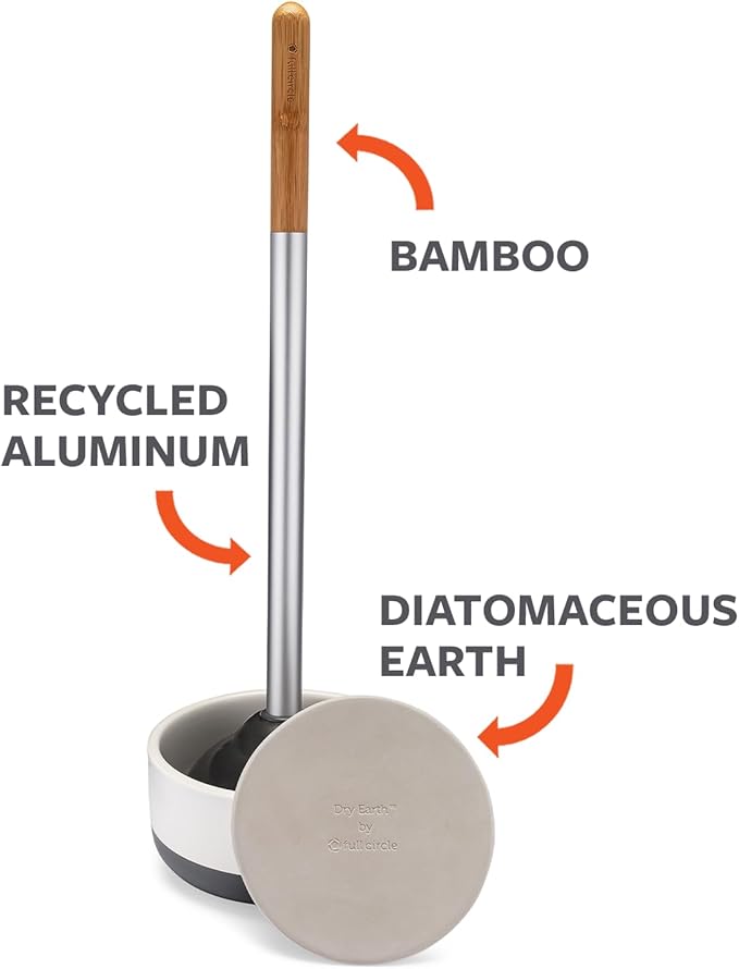 Full Circle Royal Plunge - Bathroom Toilet Plunger with Ceramic Holder and Diatomaceous Earth Disk for Mold & Mildew Prevention, Easy to Clean & More Hygenic, White