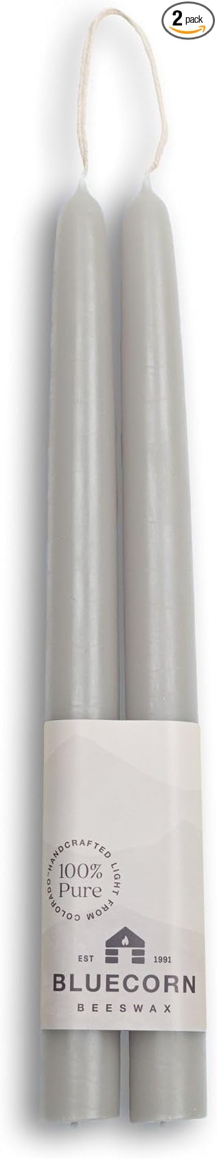 Bluecorn Beeswax Taper Candles, 100% Pure Natural Bees Wax, 10 Inch Pair, Grey Candlesticks, Unscented, Clean Burning & Dripless, Long Lasting, Thanksgiving & Christmas Decor, American Made, 1 Count