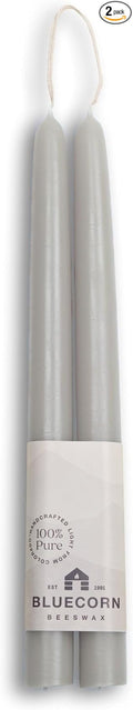 Bluecorn Beeswax Taper Candles, 100% Pure Natural Bees Wax, 10 Inch Pair, Grey Candlesticks, Unscented, Clean Burning & Dripless, Long Lasting, Thanksgiving & Christmas Decor, American Made, 1 Count