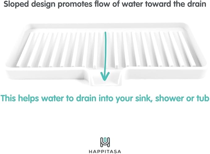 Happitasa Silicone Soap Dish Tray and Sponge Holder with Drain Chute | Bathroom and Kitchen Sink Organizer Caddy (Black, 9"x3.5", 5.6 Ounces)
