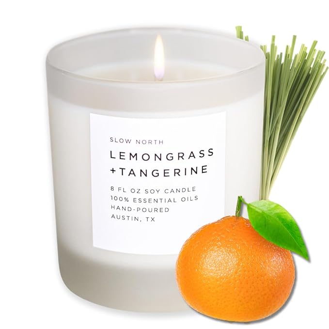Slow North Lemongrass + Tangerine Candle - Essential Oils and Pure Soy Wax Candle in a Reusable Frosted Glass Jar - A Unique Scented Candle Hand-Poured in The USA (8 oz)