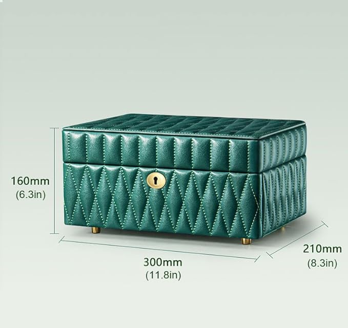Genuine Leather Jewelry Box – 2 Layer Large Jewelry Organizer with Mirror, Lockable Jewelry Box for Women – Necklace, Ring, Earring Organizer with Drawer –Valentine's Day Gift (Green)