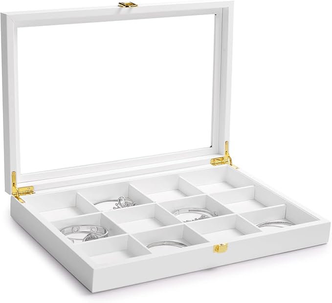 Oirlv White 12 Gird Jewelry Organizer Tray with Acrylic Lid Premium Leather Jewelry Box with Transparent Lid Bracelet Bangle Watch Display Case
