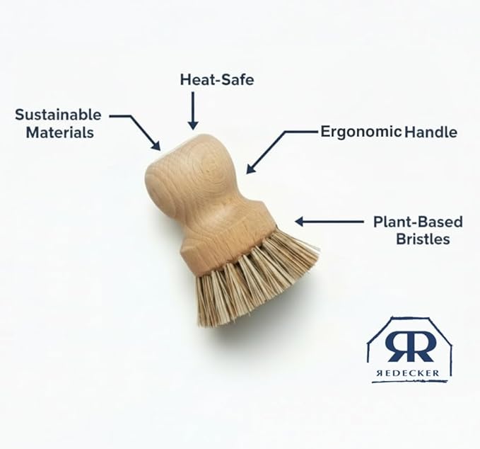 REDECKER Natural Fiber Bristle Pot Brush, Untreated Beechwood Handle, Heat-Resistant Union Fiber Head for Cleaning Pots, Pans and More, 2-1/2 inch Diameter - Beechwood Dish Brush -Scrubber