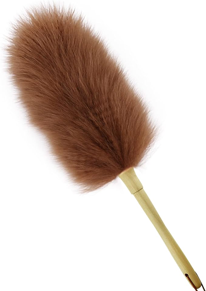 iHUFeather Lambswool Duster 16'' Length Solid Wooden Handle Leather Hang Strap for Cleaning Ceiling Fans Window Blinds Computer Furniture Figurines TV Natural Feather Duster,Brown