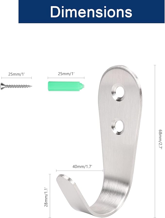 NearMoon Coat Hooks Wall Mounted, Stainless Steel Wall Hooks Heavy Duty Robe Hanger Rustproof for Hanging Coat Towel Hat Key Bag on Bathroom/Kitchen, 10 Pack (Brushed Nickel)