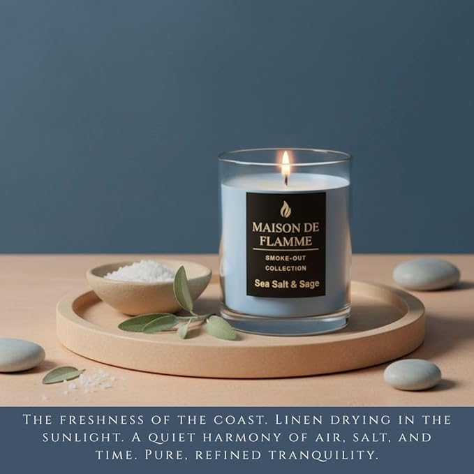 Sea Salt & Sage Scented Candle – 150g / 5.3 oz Soy Wax Blend with 10% Fragrance Load – Cotton Wick Home Candle for Bedroom, Bathroom & Living Room