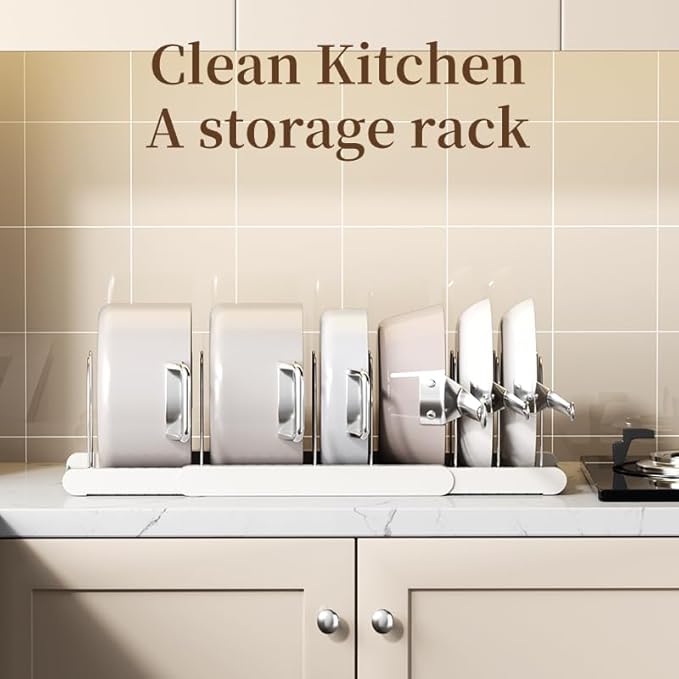 Lhieiayh Pot Rack -Expandable Pan Organizer for Cabinet,Pot Lid Holder with 7 Adjustable Compartment for Kitchen Cabinet Cookware Baking Frying Rack,Black