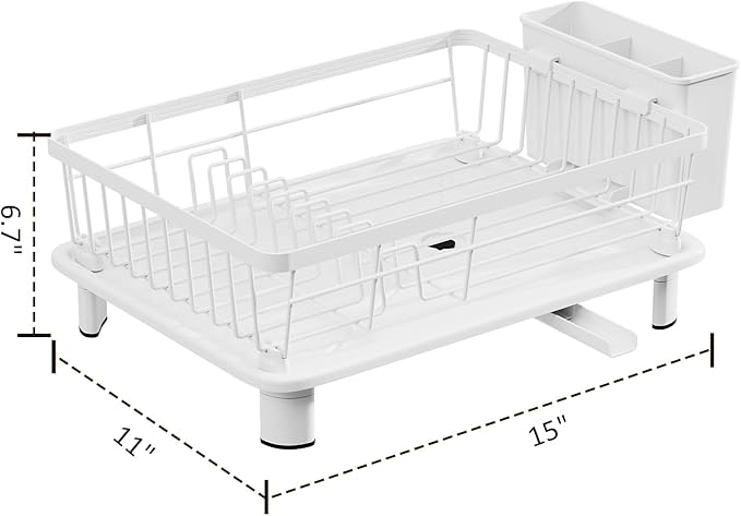 BULIJUJU Small Dish Drying Rack, Space Saving Dish Racks for Kitchen Counter, Kitchen Organizer Dish Drainer with Cutlery Holder for Spoons and Forks, 11''W x 15''L, White