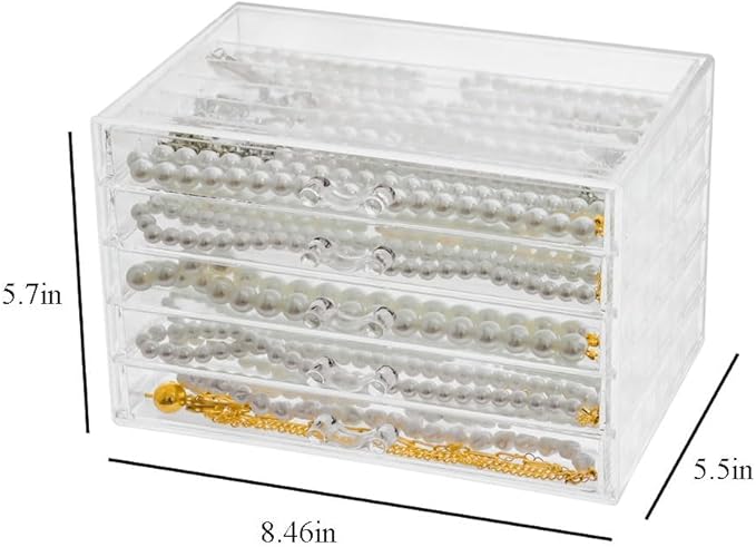 Necklace Box Tray with 5 Clear Drawers, Dustproof Necklaces Holder Storage Display Case, Necklace Tray Drawer for Pendant Suitable for Women and Girls (Transparent)