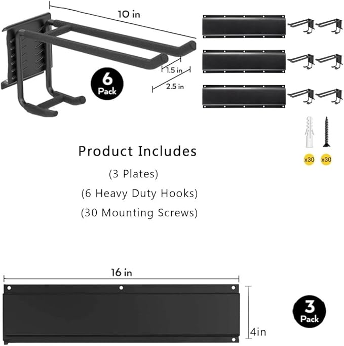 JXQAZC Garage Wall Organizers,Tool Hangers for Garage,Garden Tool Rack Wall Mount,Yard Tool Organizer for Garage,Garage Wall Mount(3 Boards 6 Double Layer Heavy Hooks)