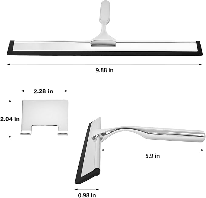 BGGo 10-Inch Shower Squeegee with Hanger, All-Purpose Stainless Steel and TPR Rubber for Streak-Free Cleaning on Glass Shower Doors, Mirrors, Windows, Tile and Car Glass
