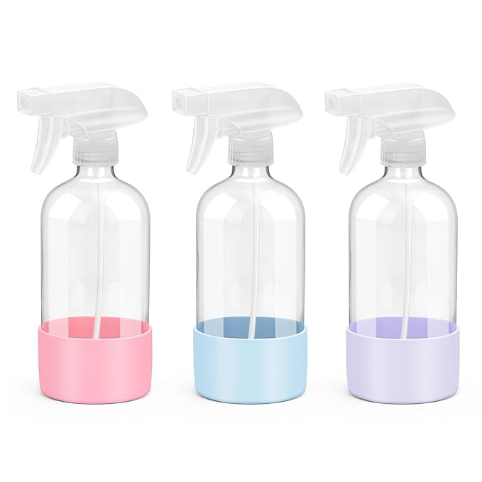 Rionisor Glass Spray Bottles with Silicone Sleeve Protection, Empty 16 oz Refillable Containers, Reusable Spray Bottles with Adjustable Nozzle for Hair, Cleaning Solutions, 3 Pack Pink&Blue&Purple