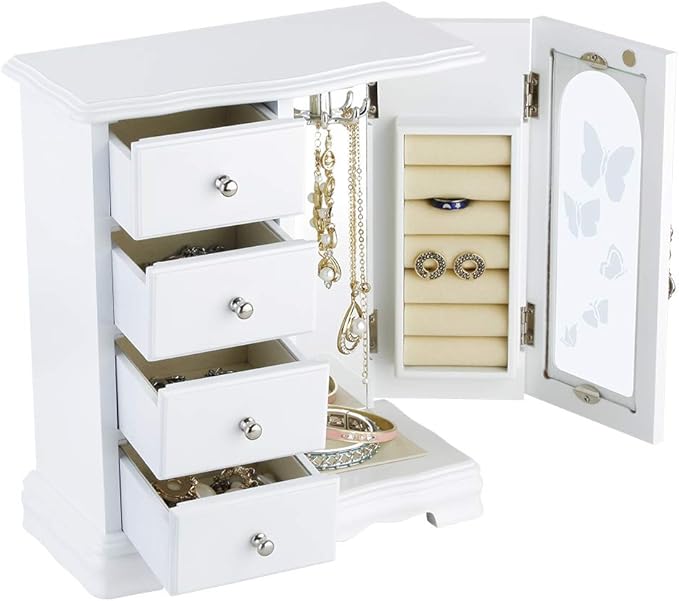 RR ROUND RICH DESIGN Jewelry Box - Made of Solid Wood with 4 Drawers Organizer and Built-in Necklace Carousel and Large Mirror White