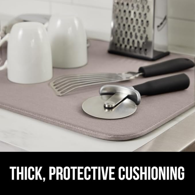 GORILLA GRIP Ultra Water Absorbent Microfiber Dish Drying Mat, 18x24, Quick Dry Thick Mesh, Slip Resistant Pad for Sink Dishes or Under Rack, Kitchen Counter Accessories, Machine Wash, 2 Pack Almond