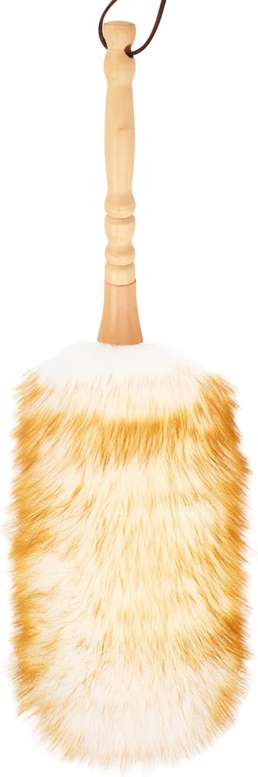 FeelfunFeather Lambswool Duster with Solid Wooden Handle,Leather Hang Strap,Comfortable Grips 19.6 inch Long Natural Feathers Dusters for Cleaning Wall Plant Desk Blind Cleaner Duster Tool