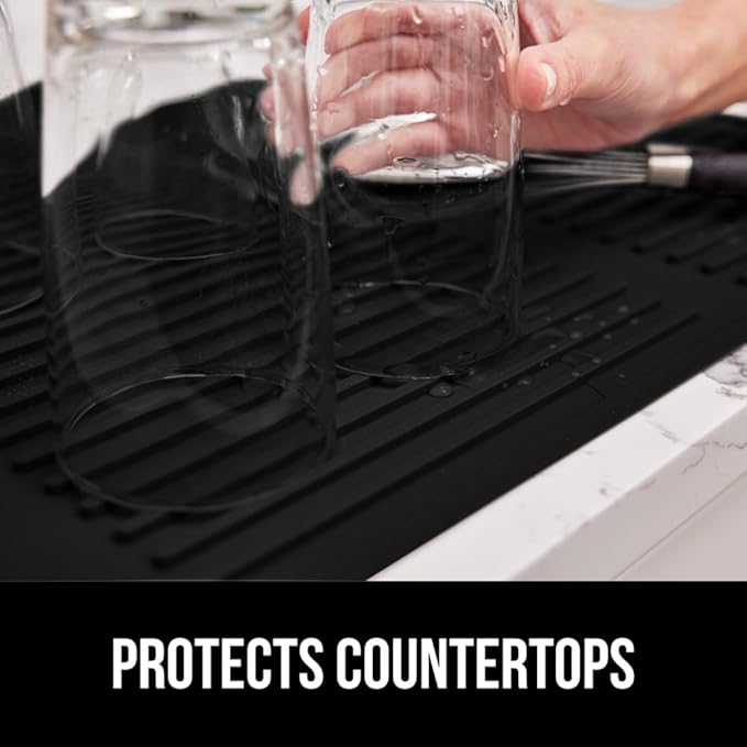 GORILLA GRIP 100% BPA-Free Patented Silicone Dish Drying Mat for Kitchen Counter, 18x24 Inch, Water Catching Ribbed Design, Easy Clean Waterproof Sink Liner, Heat Resistant, Fits Under Rack, Black
