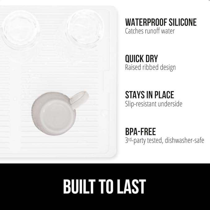 GORILLA GRIP 100% BPA-Free Patented Silicone Dish Drying Mat for Kitchen Counter, 18x16 Inch, Water Catching Ribbed Design, Easy Clean Waterproof Sink Liner, Heat Resistant, Fits Under Rack, White
