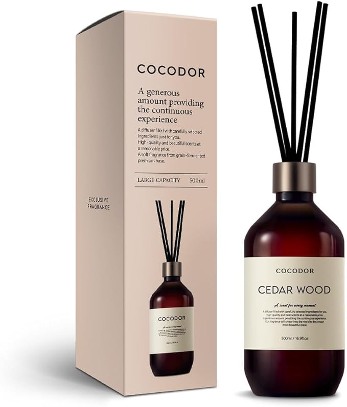 COCODOR Premium Reed Diffuser/Cedar Wood /16.9oz /1 Pack/Large Capacity Fragrance Scent Oil Stick Diffuser Set for Bedroom Bathroom Home Décor