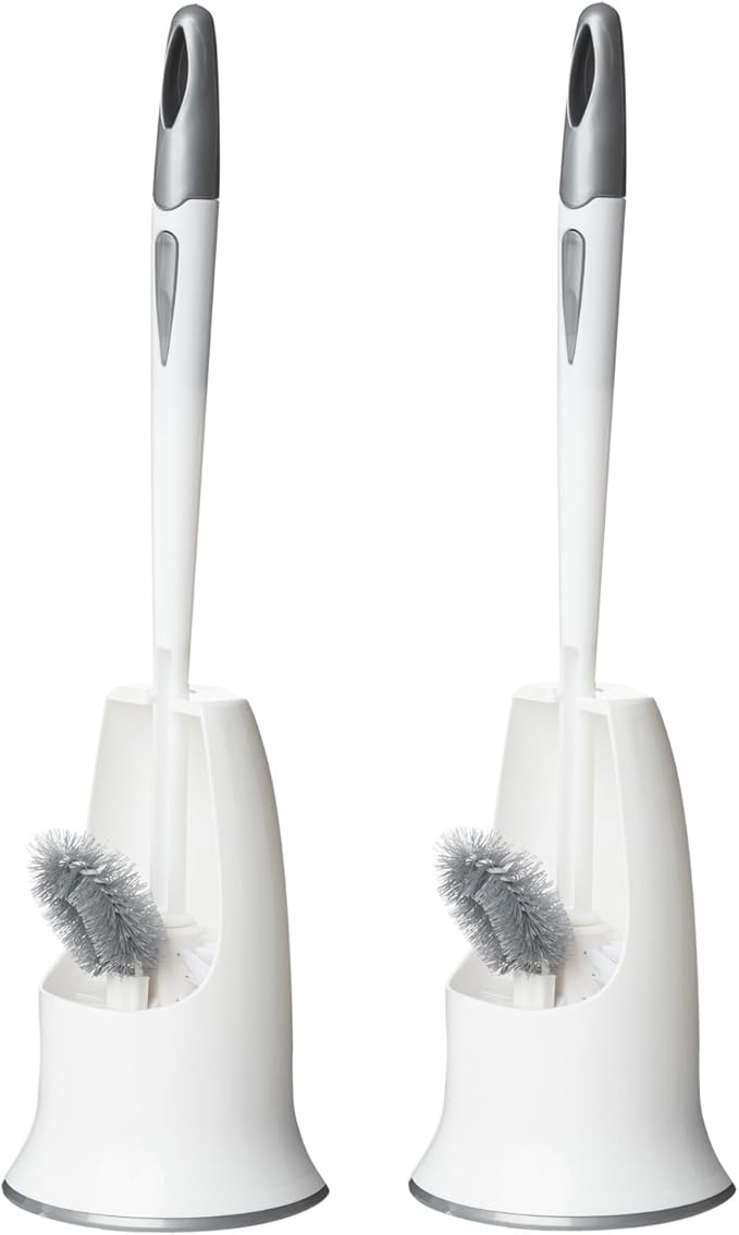 Ryhiac 2 Pack Toilet Bowl Brush with Holder for Bathroom, Under-Rim Double Brush Head, Long Handle Household Cleaning Brushes Set (2 Pack Grey Brush with Holder)