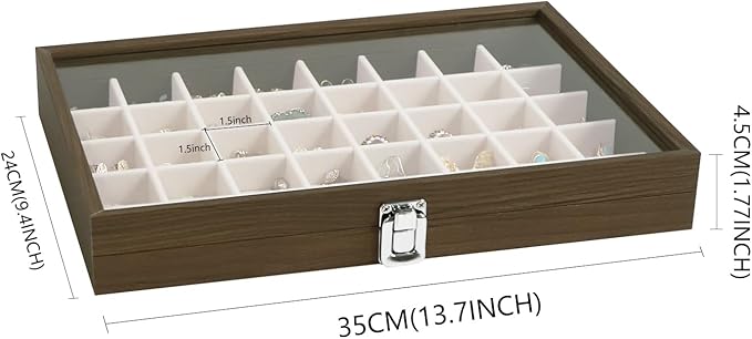 Wudygirl Wooden Jewelry Box 40 Grid Jewelry Organizer Jewelry Tray with Lid Vintage Earring Holder Organizer Jewelry Display for Rings Earrings Bracelets Adjustable Divider (Beige 40 Grid)