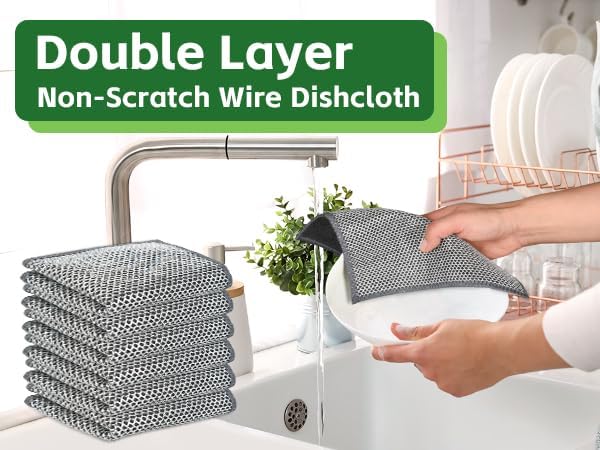 6 Pack Multipurpose Wire Dishcloths, Non-Scratch Dishwashing Rags, Double-Layer Microfiber Metal Dish Rags for Washing Dishes, Wet or Dry Reuseable for Cookware/Pan Housework Clean-7.87''x7.87''