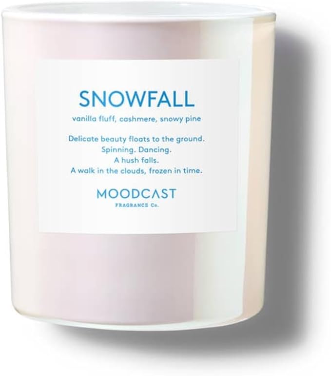 Moodcast Snowfall Scented Winter Candle - Aesthetic Holiday Candle for Home, Vanilla Fluff, Cashmere & Snowy Pine, Clean Coco Wax Blend, Vegan, Paraben Free, 50-Hour Burn, Christmas Decor - 8oz