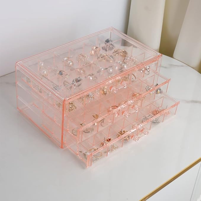 Earring Storage Box Organizer 3 Drawers Acrylic Jewelry Storage Box Holder Transparent Jewelry Display Stand with 72 Small Compartments Gift for Women Girls (Clear Pink)