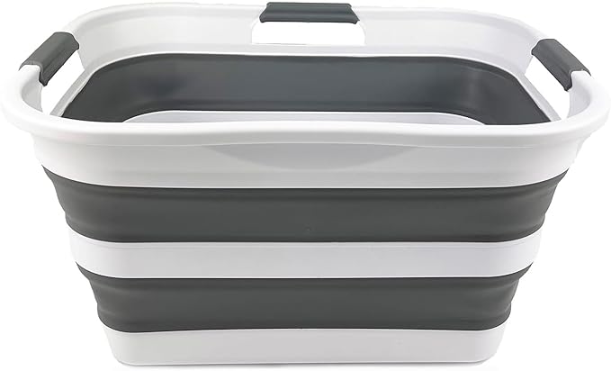 SAMMART Collapsible Plastic Laundry Basket Washing Tub Foldable Pop Up Storage Container-Space Saving/Portable Laundry Hamper. Ideal for Home, Travel, Dorm, and Camping (White/Steel Grey, 30L)