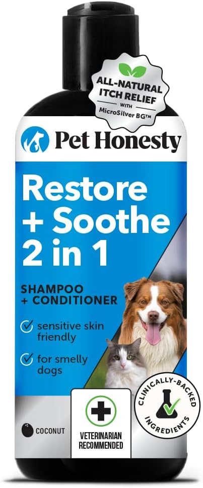 Pet Honesty Restore + Soothe 2 in 1 Shampoo + Conditioner for Sensitive Skin for Dogs & Cats - Dog Skin and Coat Supplement - Soothes Itching, Irritation and Hot Spots (Coconut) - 16oz