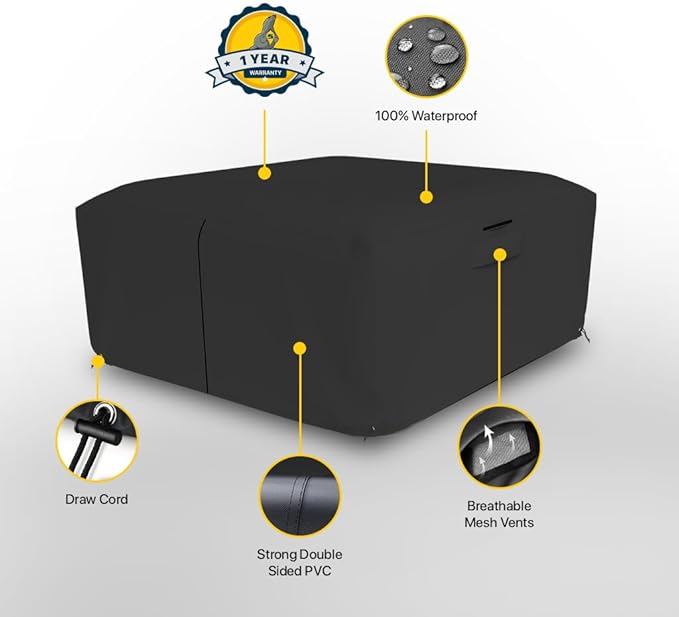 Seal Skin Covers Waterproof Hot Tub Cover, Heavy Duty Outdoor Spa Protector with Air Vents, Padded Handles, Adjustable Cord, Straps & All Weather Protection (Black, 76"L x 76"W x 20"H)