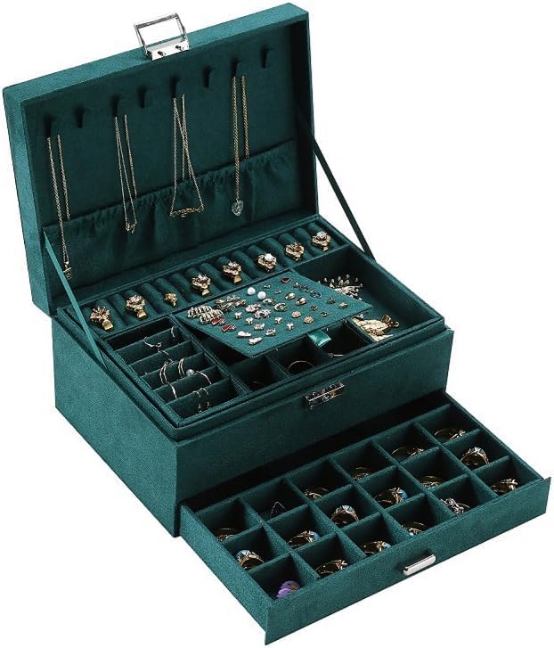 Jewelry Organizer Box for Women Girls, Jewelry Box 3-Tier Jewelry Display Case and Organizer,Lockable Jewelry Display Case Anti Tarnish,Varying Compartments for Necklaces, Bracelets, Rings
