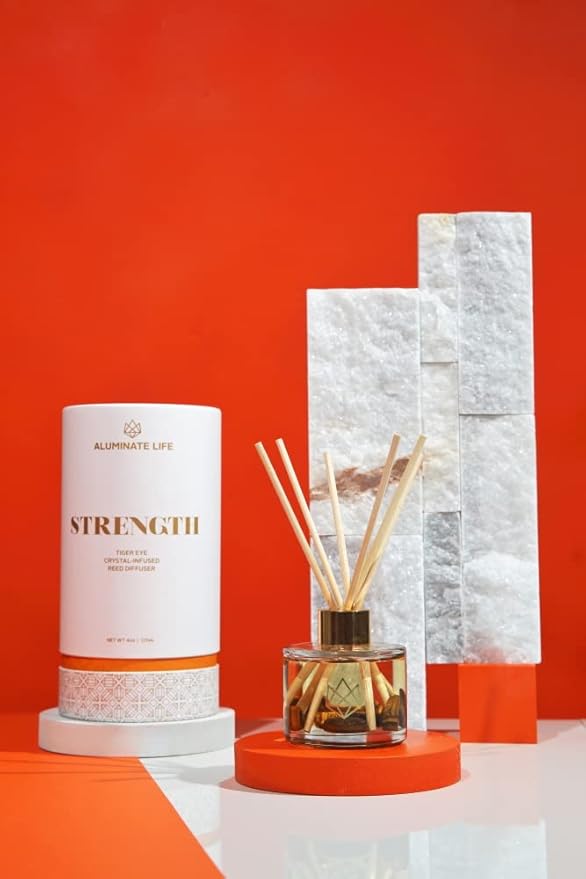 Crystal Infused Reed Diffuser, 4 OZ, Strength - Tiger Eye Crystal Infused - Scents of Cedarwood, Amber, & Sage - Home Decor, House Warming, Room, Stick Perfume, Shelf or Coffee Table