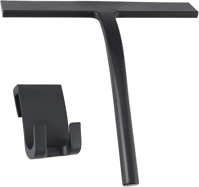 Anlynwooh All -Purpose Silicone Shower Squeegee for Shower Glass Door with Hook, Bathroom Accessories for Window Mirror Tile Car Shower Walls,Household Shower Cleaner Tool (Black, 9 inch(1 Hook)