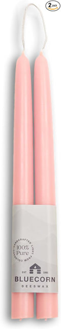 Bluecorn Beeswax Taper Candles, 100% Pure Natural Bees Wax, 10 Inch Pair, Pink Candlesticks, Unscented, Clean Burning & Dripless, Long Lasting, Thanksgiving & Christmas Decor, American Made, 1 Count