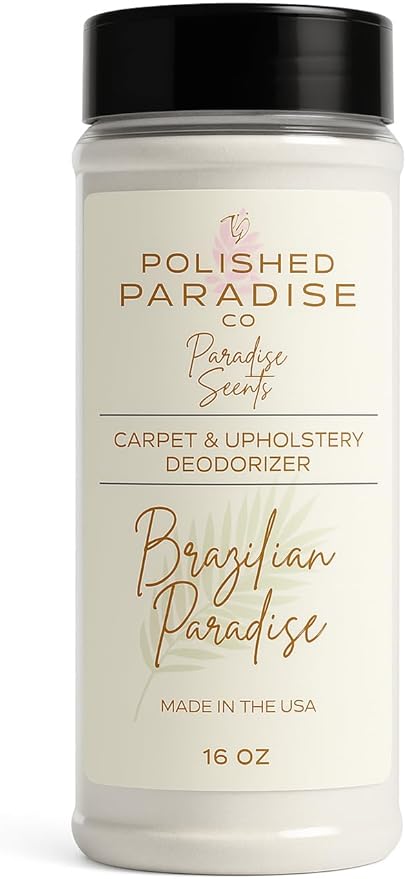 Polished Paradise Co Paradise Scents Carpet and Upholstery Deodorizer, Tropical Scent Powder for Rugs and Textiles, 16 Oz (Brazilian Paradise)